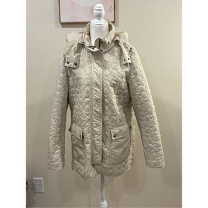 Coach Women's Quilted Signature C Logo Long Sleeve Hooded Jacket Coat Beige XL